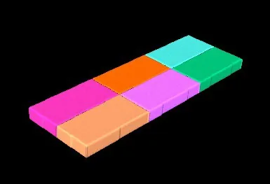 3D render of six colored rectangular sub-blocks arranged in two rows on a black background