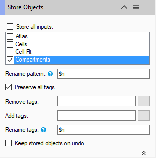 Store Objects dialog with 'Compartments' checked, 'Rename pattern: $n' and 'Preserve all tags' checked