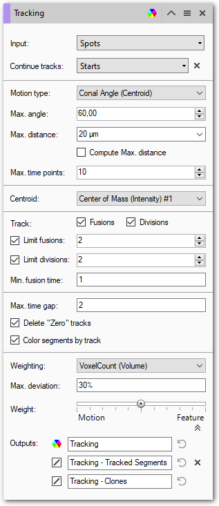 Tracking dialog showing parameters: Input Spots, Motion Conal Angle (Centroid), Max distance 20 µm, Max time points 10
