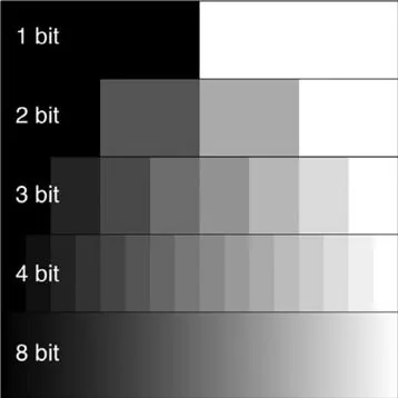 Grayscale blocks chart labeled 1 bit, 2 bit, 3 bit, 4 bit, and 8 bit showing increasing gray levels