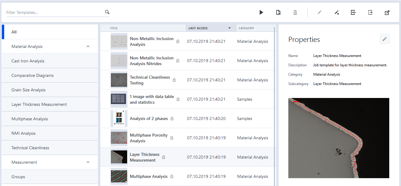 UI listing job templates with 'Layer Thickness Measurement' selected; Properties show Name and Category.