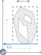 Diagram of irregular gray polygon with internal white shapes inside dashed blue bounding box on coordinate axes