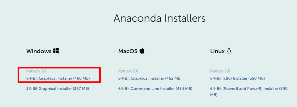 Anaconda Installers page showing Windows column with Python 3.8 64-Bit Graphical Installer (466 MB)