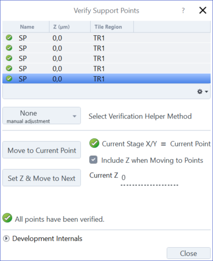 Verify Support Points dialog listing five SP entries with Z 0.0, Tile Region TR1 and message All points have been verified.