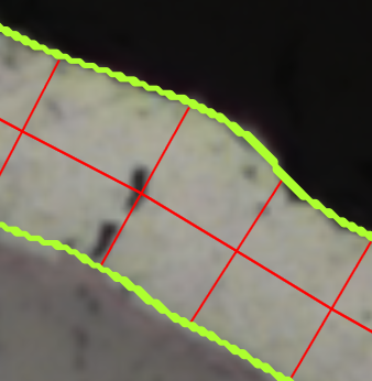 Light beige sample bordered by neon green wavy overlay with red grid of measurement chords on dark background