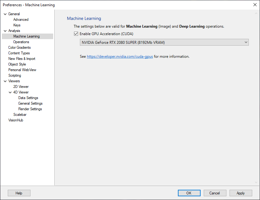 Machine Learning preferences with Enable GPU Acceleration (CUDA) checked and NVIDIA GeForce RTX 2080 SUPER selected