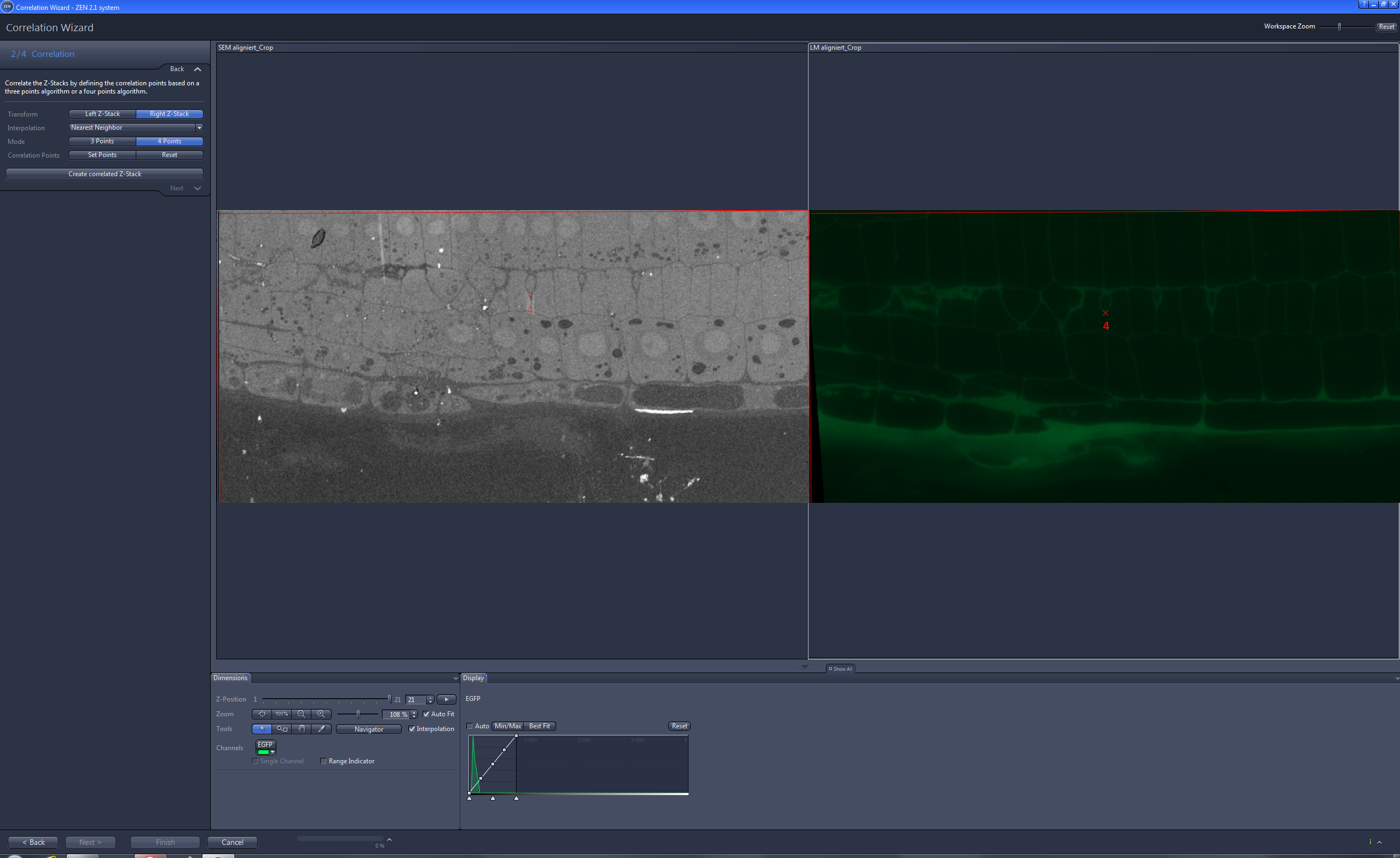 Correlation Wizard 2/4 Correlation screen showing fourth red correlation point labeled 4 on the LM image