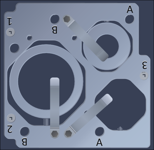 rotated plate with large ring, octagonal cutout, three angled straps and labels A B with numbers 1 2 3