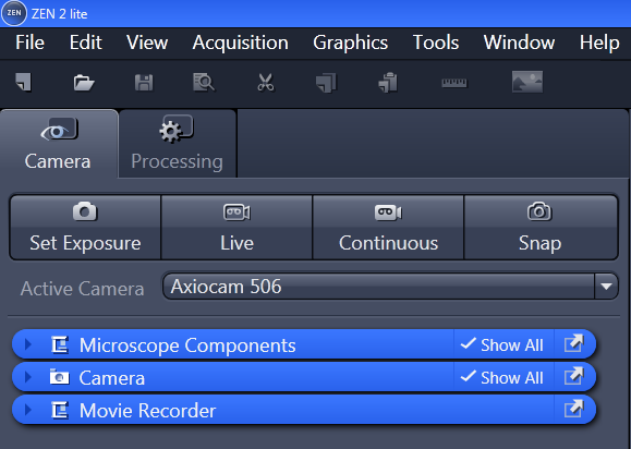 ZEN 2 lite Camera tab UI showing Active Camera Axiocam 506 and panels: Microscope Components, Camera, Movie Recorder
