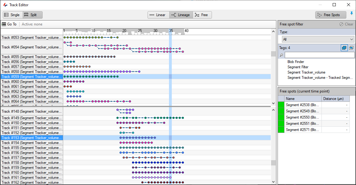 Track Editor window showing timeline with colored track segments and right panel labeled Free spot filter