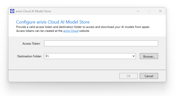 Configure arivis Cloud AI Model Store dialog showing Access Token field and Destination Folder set to E:\