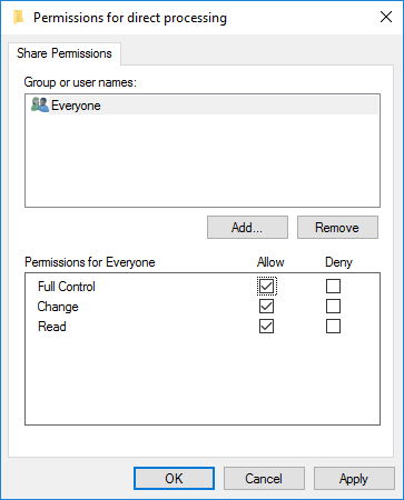 Permissions for 'direct processing' showing group Everyone with Allow checked for Full Control, Change, and Read