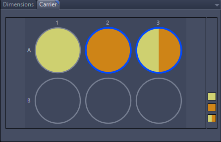 Carrier grid A-B,1-3. Top row: yellow; orange blue-bordered; half yellow-orange blue-bordered. Bottom: 3 grey wells.