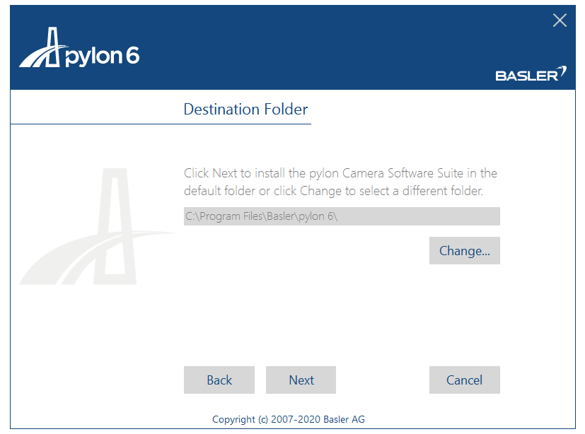 pylon6 Destination Folder dialog showing path C:\Program Files\Basler\pylon 6\ with Change button; Back, Next, Cancel