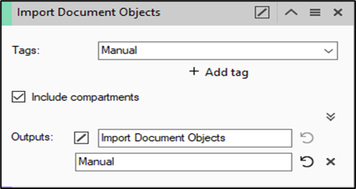 Dialog 'Import Document Objects' showing Tags: Manual, 'Include compartments' checked, Outputs 'Import Document Objects'