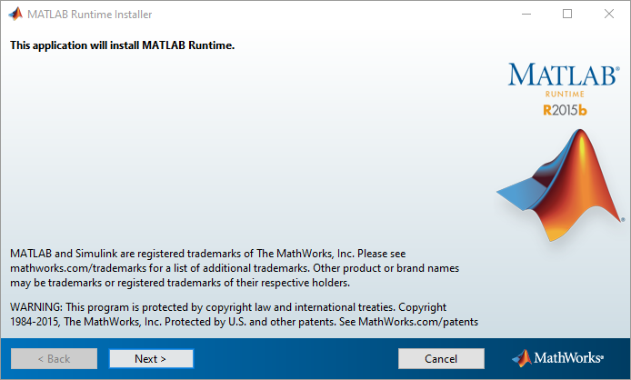 MATLAB Runtime Installer dialog stating 'This application will install MATLAB Runtime.' with MATLAB logo and Next/Cancel buttons