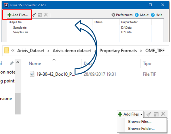 Arivis SIS Converter UI: highlighted Add Files; arrow to file list; Import files dialog showing Folder D:\Data, Sample.sis