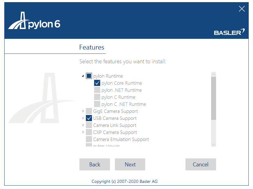 pylon6 Features dialog listing pylon Core Runtime and USB Camera Support checked; Back, Next, Cancel buttons