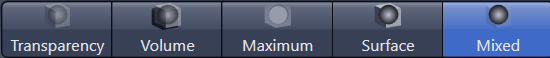 Toolbar of five 3D view mode buttons labeled Transparency, Volume, Maximum, Surface, Mixed with Mixed selected