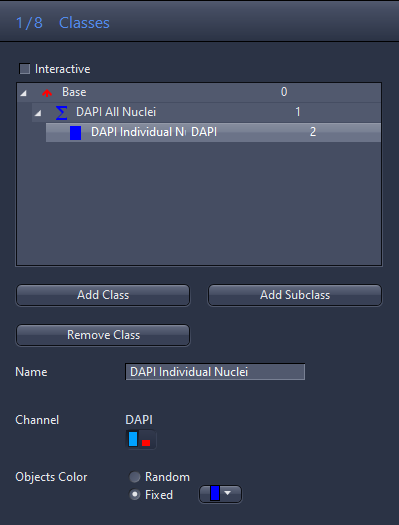 Dialog titled 'Classes' listing 'DAPI All Nuclei' and 'DAPI Individual Nuclei' with Name field and Channel DAPI