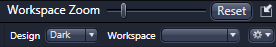 UI bar with Workspace Zoom slider, Reset button, Design dropdown set to Dark, and Workspace field
