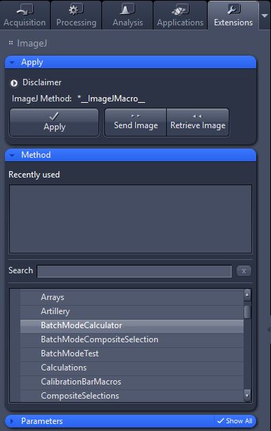 ImageJ Extensions pane with Apply buttons and Method list showing Arrays