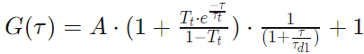 Four equations for G(τ) showing A, Tt, e^{-τ/τt}, τd1, τd2, cf1 and S