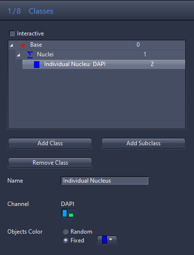Classes pane: Base > Nuclei > Individual Nuclei: DAPI; Name 'Individual Nucleus'; Channel DAPI; Objects Color Fixed blue