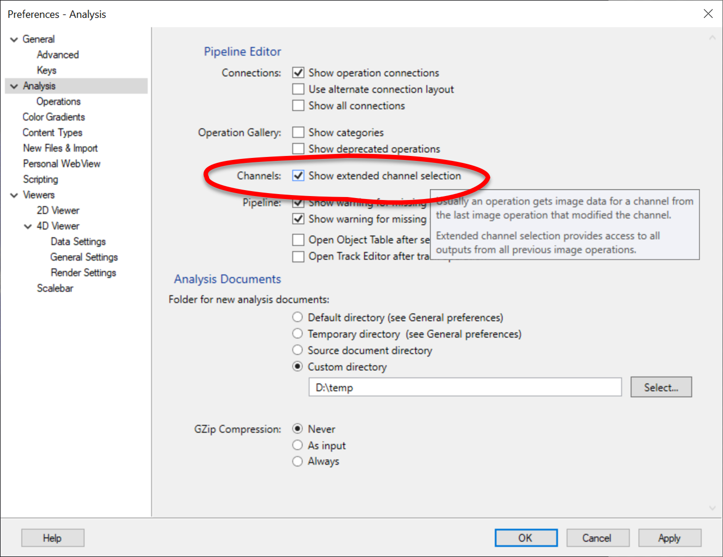 Preferences window showing "Channels: Show extended channel selection" checkbox circled in red