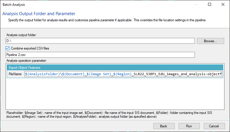 Batch Analysis dialog: output folder D:\, Combine exported CSV files checked, Pipeline_2.csv, export pattern textbox