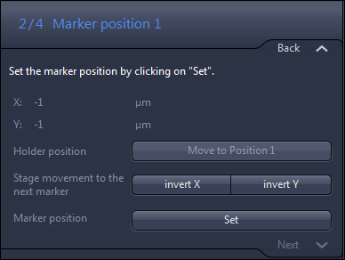 Screen titled 2/4 Marker position 1 showing X: -1 µm, Y: -1 µm and buttons Move to Position 1, invert X, invert Y, Set