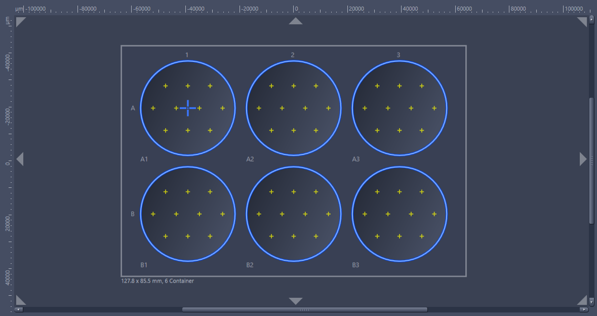 Rectangular carrier with six blue circles labeled 1-3 and A/B rows, yellow plus markers, text 127.8 x 85.5 mm