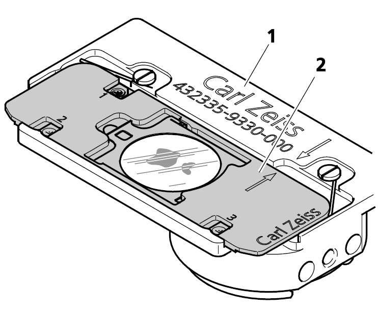 Sample holder mounted in SEM adapter with Carl Zeiss label and arrows labeled 1 and 2