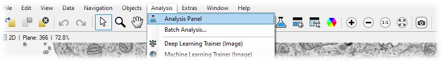 Toolbar menu open showing Analysis > Analysis Panel highlighted
