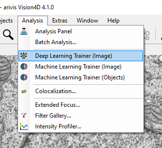 arivis Vision4D 4.1.0 app menu with Analysis dropdown highlighting Deep Learning Trainer (Image)