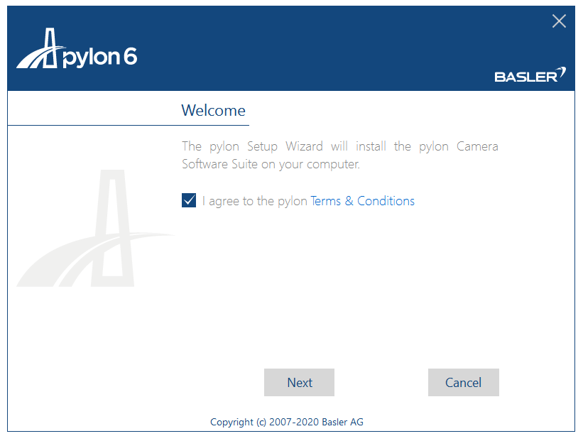pylon6 Welcome dialog with checked 'I agree to the pylon Terms & Conditions' and Next and Cancel buttons