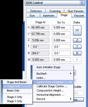 SEM Control window showing Stage panel with Stage At coordinates and context menu highlighting 'Centre Point / Feature'.