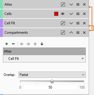 Compartments setup showing Atlas, Cells, Cell Flt and 'Overlap: Partial' with slider near 50%