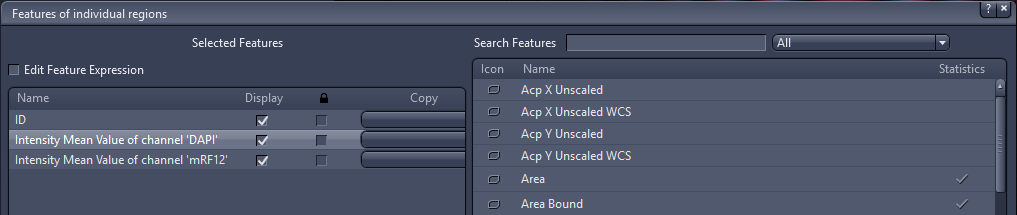 Features of individual regions dialog showing ID and Intensity Mean Value of channel DAPI and mRFP12