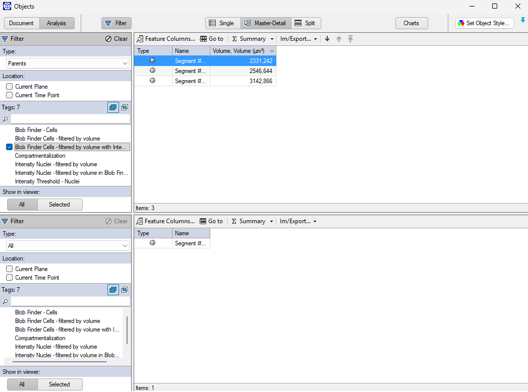 Objects dialog split view with top table showing three Segment # rows and volumes and bottom panel with one Segment # entry; left Filter shows 'Blob Finder Cells - filtered by volume'