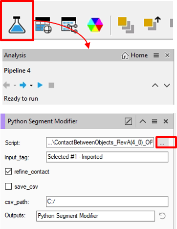 Python Segment Modifier panel: ...ContactBetweenObjects_RevA..., input_tag Selected #1 - Imported, refine_contact on