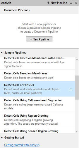 Analysis window showing 'Document Pipelines' header and a Sample Pipelines list with 'Detect Cells or Particles' highlighted