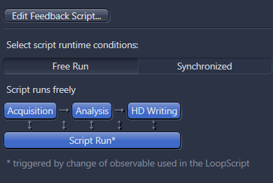 UI panel Select script runtime conditions: with Free Run selected; flow Acquisition → Analysis → HD Writing above Script Run* button