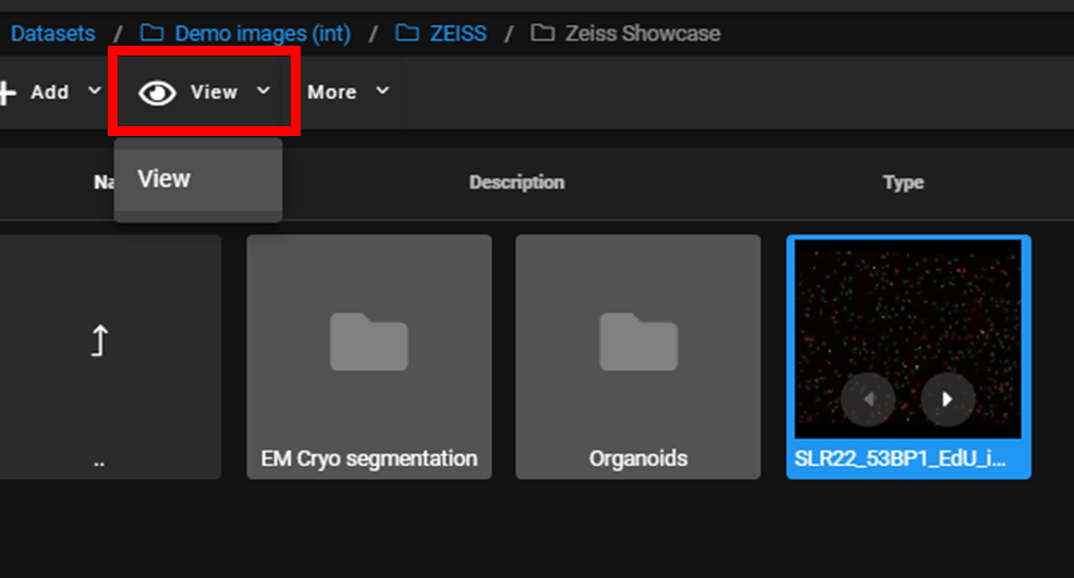 Dark app interface with View dropdown highlighted and thumbnails labeled 'EM Cryo segmentation' and 'Organoids'.