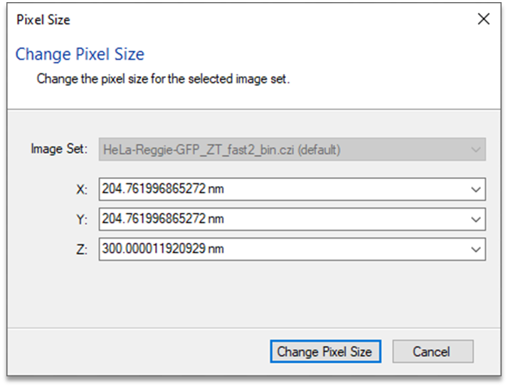 Pixel Size dialog showing X: 204.761996865272 nm, Y: 204.761996865272 nm, Z: 300.000011920929 nm