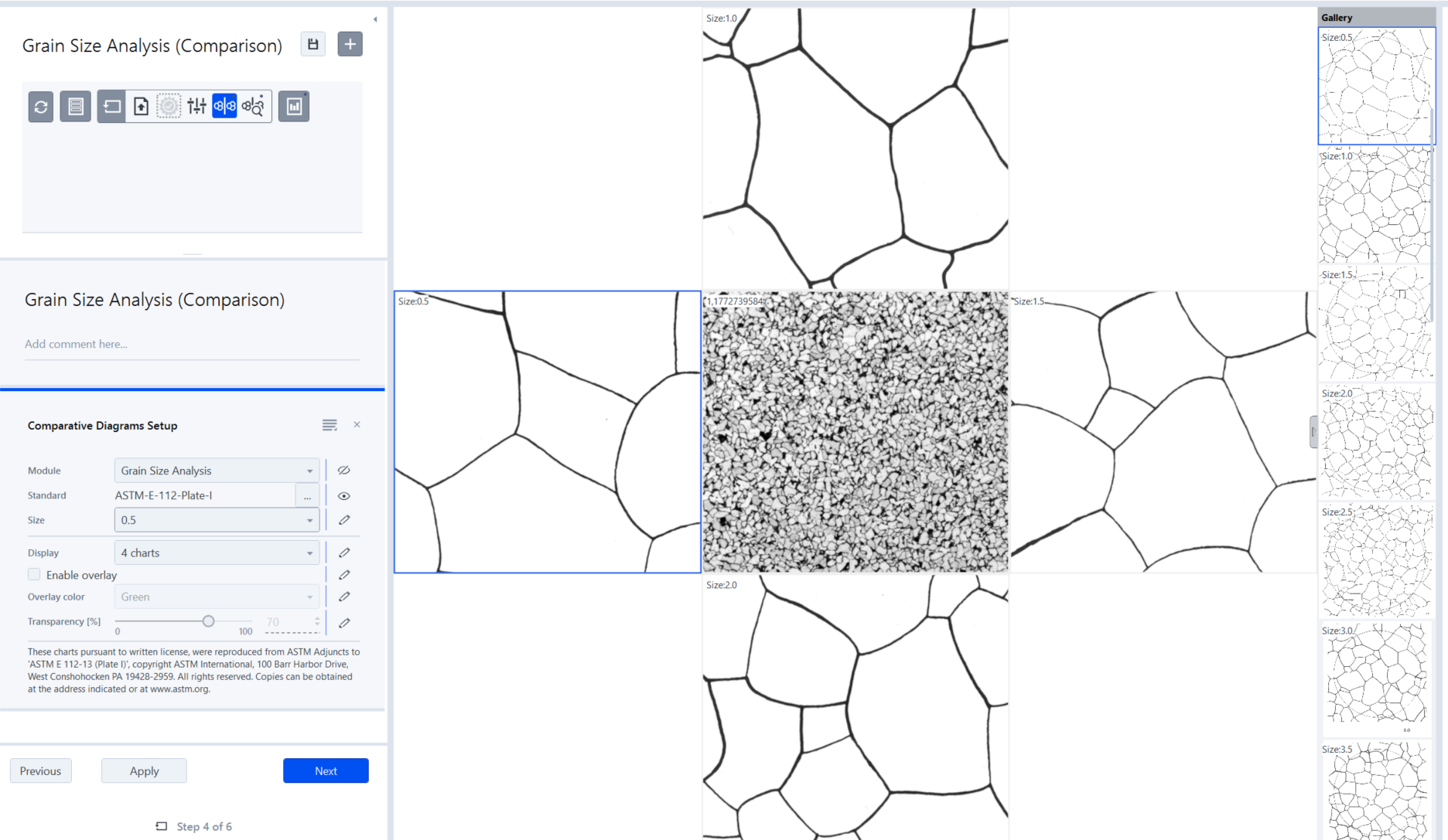 Software interface titled Grain Size Analysis (Comparison) showing comparative diagrams and a central grain micrograph