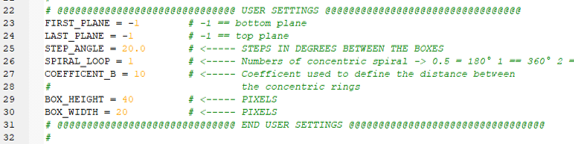 USER SETTINGS code block showing parameters FIRST_PLANE LAST_PLANE STEP_ANGLE SPIRAL_LOOP COEFFICENT_B BOX_HEIGHT BOX_WIDTH