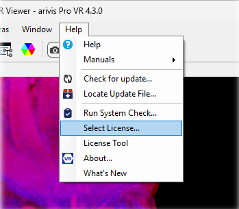 App window showing Help menu dropdown with highlighted Select License... option