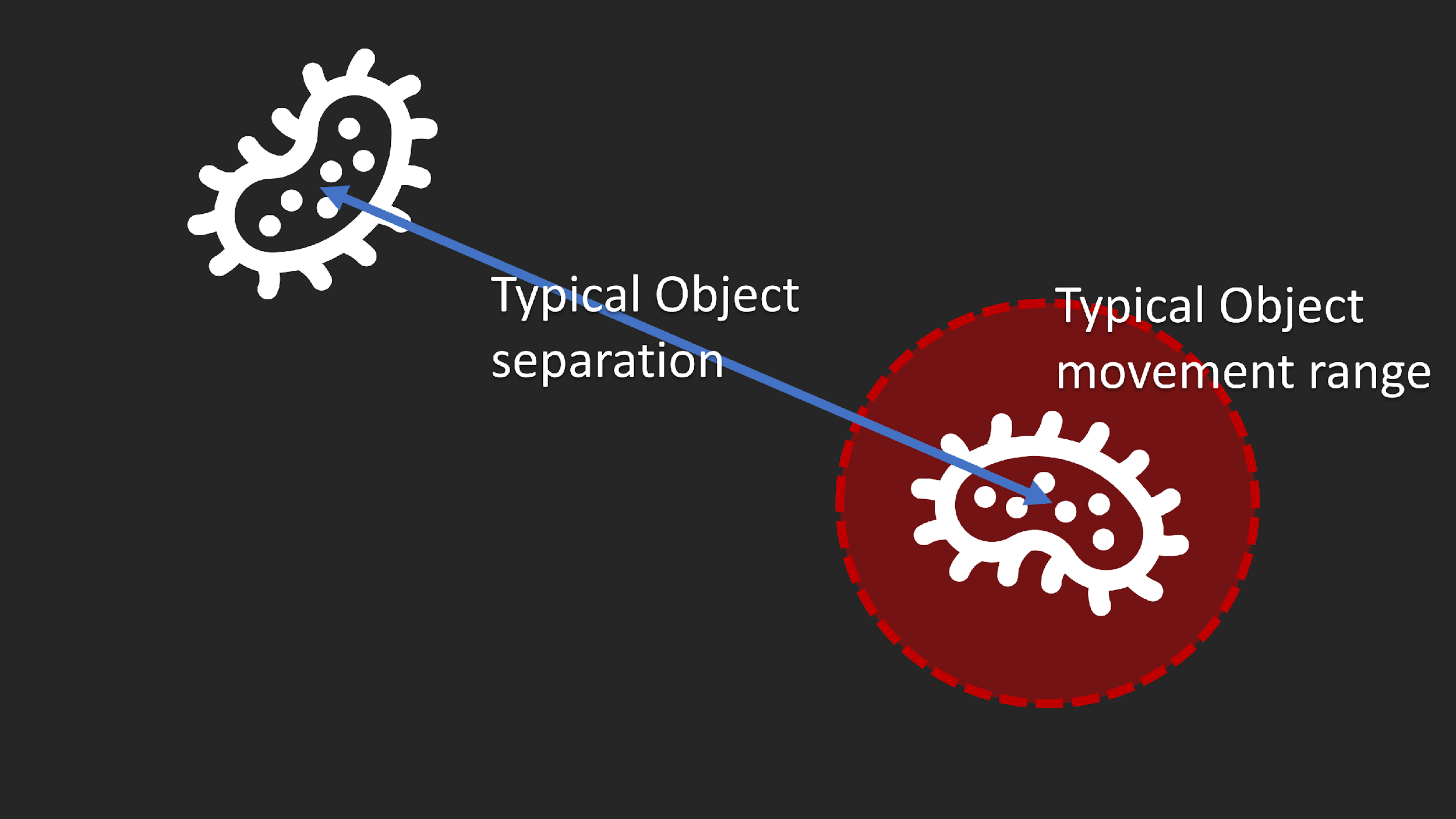 Two white bacteria icons linked by a blue arrow and a red dashed circle, with labels indicating separation and movement range
