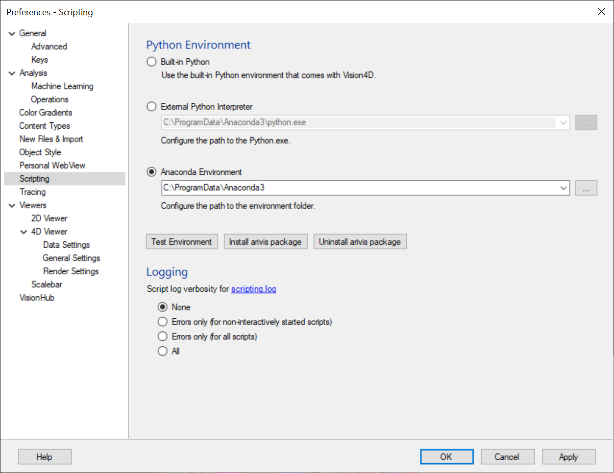 Preferences Scripting window with Python Environment set to Anaconda Environment and Install arivis package button
